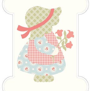 May include: A decorative image of a girl in a bonnet holding flowers. The girl's dress is a patchwork of patterns, including gingham, floral, and geometric designs. The color palette includes soft pink, blue, and green hues, with a red ribbon on the bonnet.