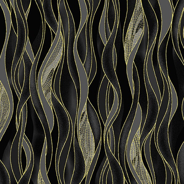 Dancing Waves Black/Grey Gold Metallic - Dragonfly Dance - Kanvas Studios,  8503M-99, bty