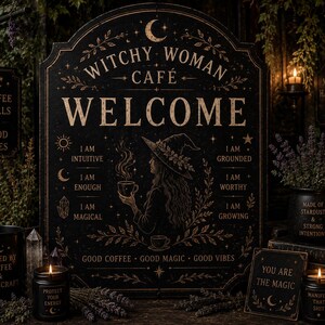 May include: A black arched sign with gold text reading WITCHY WOMAN CAFE WELCOME, featuring a central illustration of a person in a hat holding a cup, surrounded by affirmations like I AM INTUITIVE, I AM GROUNDED, and GOOD COFFEE GOOD MAGIC GOOD VIBES.