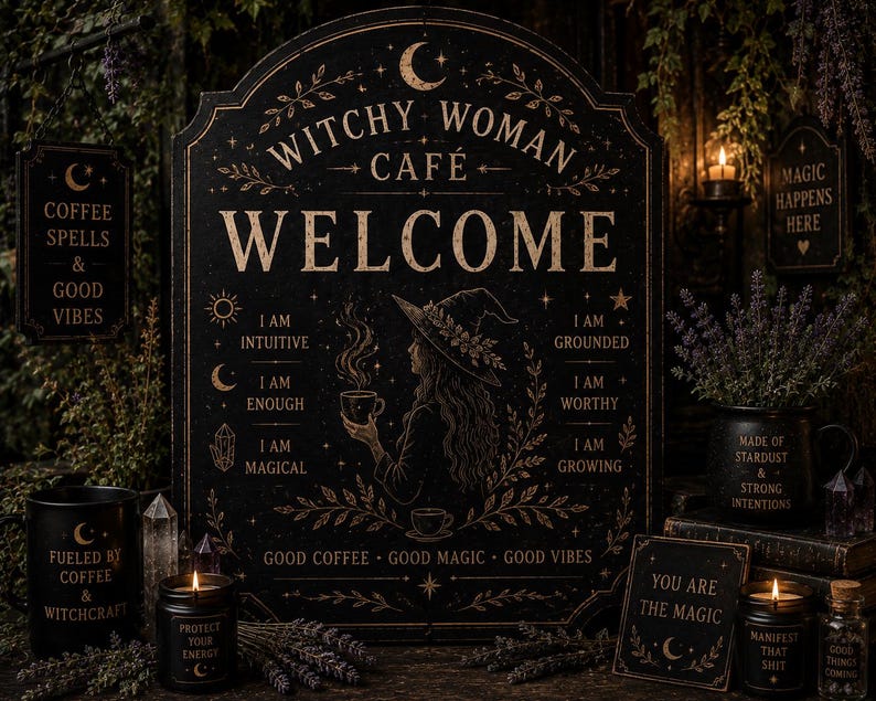 May include: A black arched sign with gold text reading WITCHY WOMAN CAFE WELCOME, featuring a central illustration of a person in a hat holding a cup, surrounded by affirmations like I AM INTUITIVE, I AM GROUNDED, and GOOD COFFEE GOOD MAGIC GOOD VIBES.
