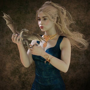 Female Dragon Maiden with pet Sand Dragon Spiritual Companion/Remote binding Tie