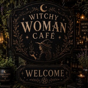 May include: A black hanging sign with gold lettering that reads WITCHY WOMAN CAF&Eacute; and WELCOME. The sign features a central illustration of a person wearing a pointed hat holding a steaming cup, surrounded by gold leaf motifs and a crescent moon.