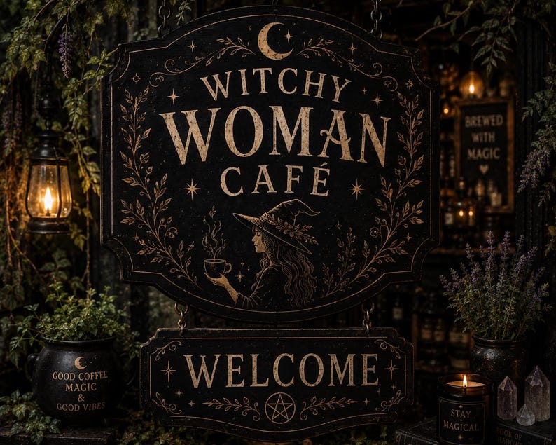 May include: A black hanging sign with gold lettering that reads WITCHY WOMAN CAF&Eacute; and WELCOME. The sign features a central illustration of a person wearing a pointed hat holding a steaming cup, surrounded by gold leaf motifs and a crescent moon.