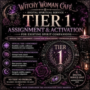 May include: A digital spiritual service advertisement for Witchy Woman Cafe. The design features a dark purple and black color scheme with the text "TIER 1 ASSIGNMENT & ACTIVATION" and other service details. Includes a candle, roses, and a pendant.