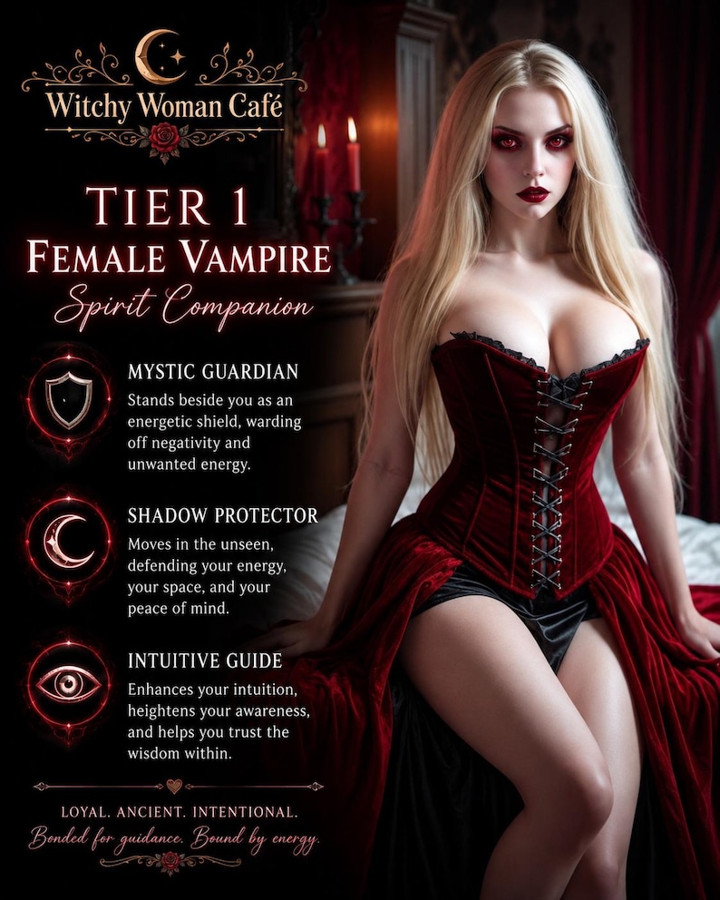 May include: A digital graphic featuring a blonde figure in a dark red velvet corset and skirt. Text reads: Witchy Woman Caf&eacute;, TIER 1 FEMALE VAMPIRE Spirit Companion, MYSTIC GUARDIAN, SHADOW PROTECTOR, INTUITIVE GUIDE, LOYAL. ANCIENT. INTENTIONAL. Bonded for guidance. Bound by energy.