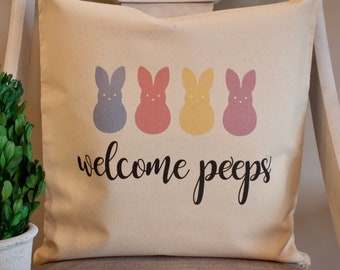 Welcome Peeps Bunny Pillow Cover / Easter Pillow Cover / Spring Pillow / Happy Easter Decor / Spring Decor Throw Pillows / Bunny Pillow