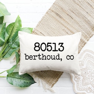 May include: White pillow with black text that reads "80513 berthoud, co". The pillow is on a woven rug and a white brick background.