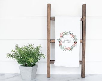 Christmas Tea Towel, Merry Holidays Towel, Christmas Towel / Christmas Wreath Tea Towel, Hostess Gift,