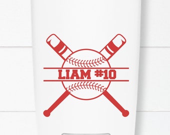 May include: White Yeti tumbler with a red baseball and crossed bats design. The text "LIAM #10" is printed on a red banner.