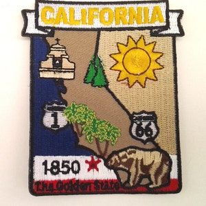 May include: Embroidered patch featuring a stylized map of California with iconic landmarks, including a mission, a redwood tree, a sun, and a bear. The patch also includes the text "California", "1850", and "The Golden State".