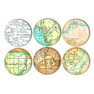Magneetset oude kaarten - 6-delige glasmagnetenset - ronde magneten 1" - vintage kaartmagneten - kaartmagneten - wereldbol - wereldkunst - vader cadeau