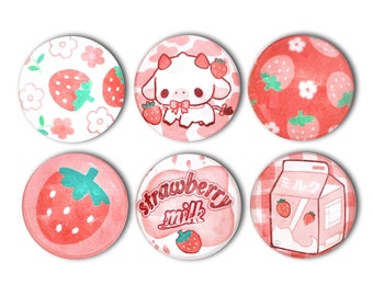 Strawberry Milk Magnet Set - 6-piece 1" Round Glass Magnets Set - Fridge Decor - Decoration - Cow Print - Kawaii - Cute - Cowgirl - Pink