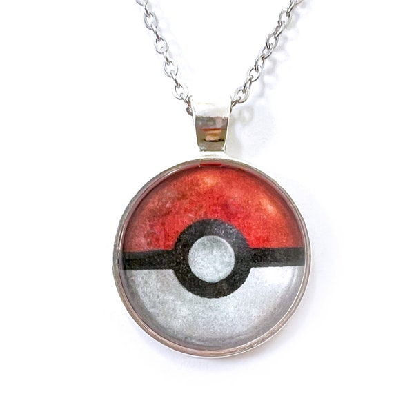 Poké Ball Pendant Necklace - Silver 18" - 18 inch chain - Glass Circle - Pokémon - Anime -  GO- Pokeball - Boys - 90's - 1" - Pokemon