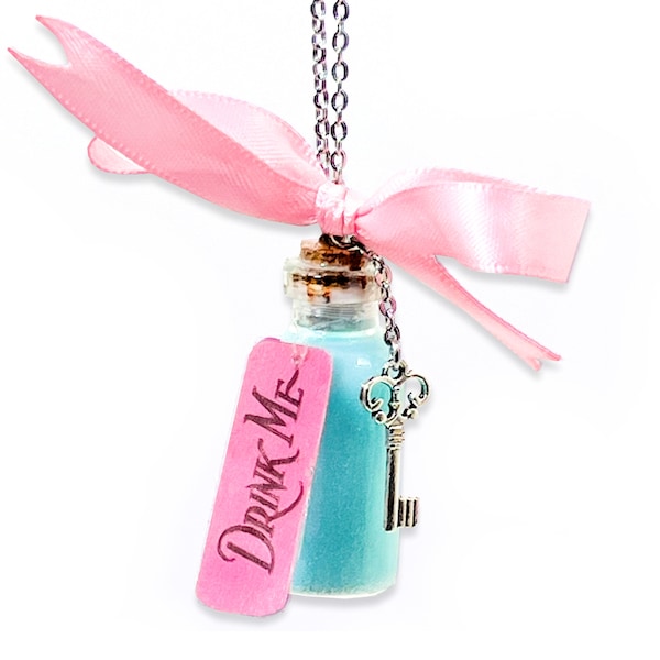 Drink Me Bottle Necklace - COLOR CHANGING! -Silver 18" Chain - Blue - Water - Alice In wonderland - Stainless Steel - Eat Me - Potion