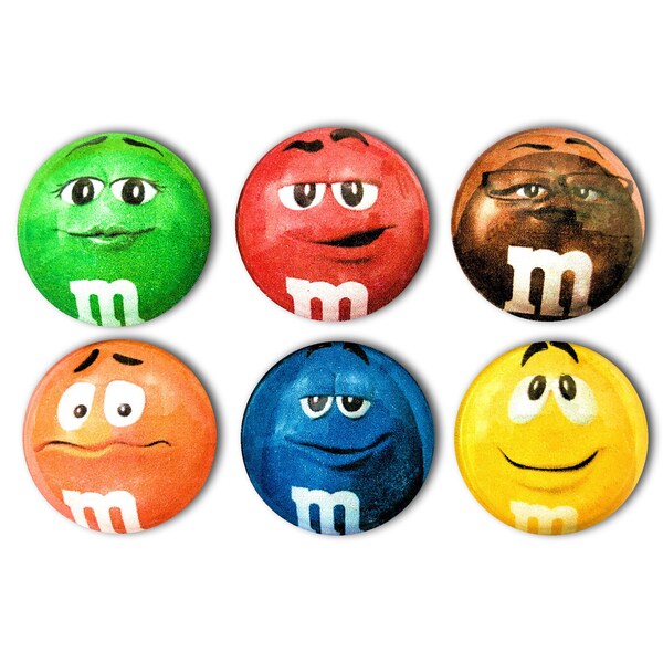 M&M's Magnet Set - 6-piece Glass Magnets Set - 1" Round Magnets - Candy Decor - Fridge Magnets - Gift for Chocolate Lovers