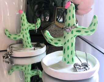 Green Cactus with Littl Cactus Ceramic Ring Jewelry Holder Decor Dish Organizer 