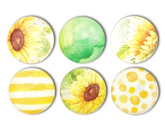 Sunflower Magnets Set - 6-piece Glass Magnets Set - 1" Round Magnets - Fridge Magnets - Glass Magnet - Farm House Décor - Yellow Watercolor