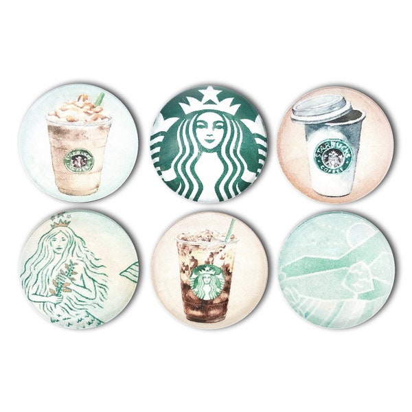 Starbucks Magnet Set - 6-piece Glass Magnets Set - 1" Round Magnets - Coffee Decor - Girls Mermaid Fridge Magnets - Gift for Her