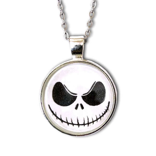 Jack Skellington Pendant Necklace - Silver 18" - 18 inch chain - Glass Circle - 1" - The Nightmare Before Christmas - Disney - Halloween