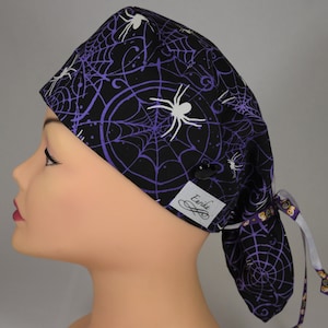 Teardrop Scrub cap; Purple spiders with halloween tie