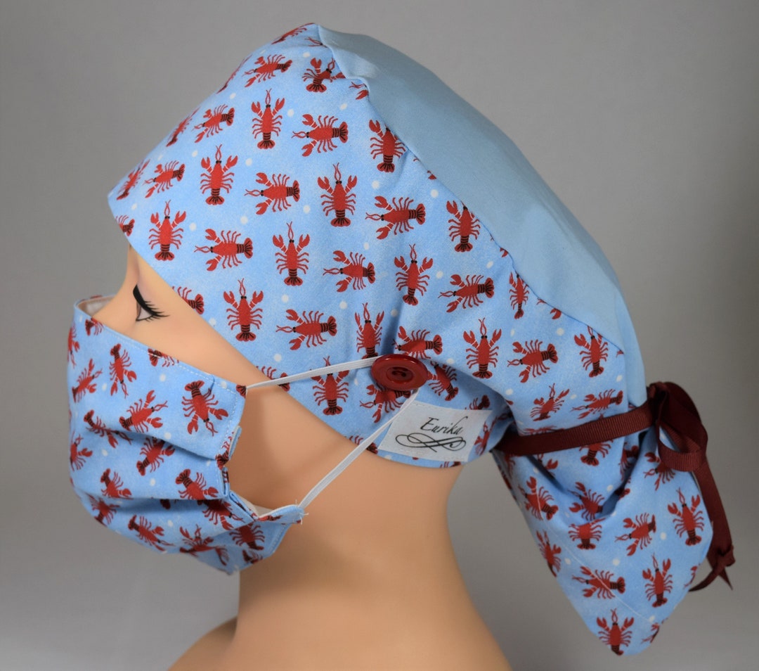 Teardrop Scrub Cap, Lobsters With Buttons and Matching Mask Etsy