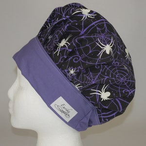 Banded Bouffant Style Scrub cap, Purple band with spiders