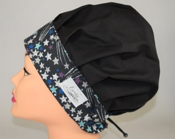 Banded Bouffant Style Scrub cap, Blue & Purple Stars with black top