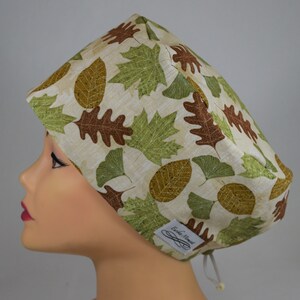 Euro Style Scrub cap w/toggles; Green and brown leaves