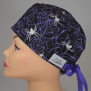 Medium Euro Style Scrub cap, Spiders on purple and black with purple tie