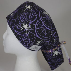 Teardrop Scrub cap; Purple spiders with halloween tie