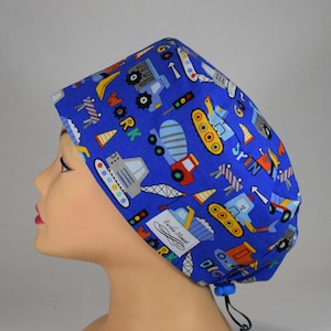 Extra large Euro Style Scrub cap with toggle back; Cartoon Construction vehicles