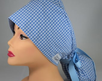 Ponytail Pouch Scrub cap: Powder Blue Checks