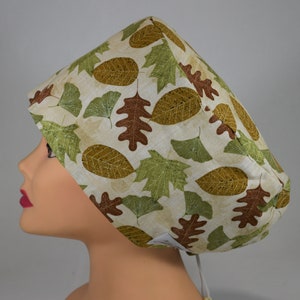 Fall season Euro Style Scrub cap; Green and brown leaves