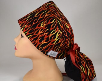 Ponytail Pouch Scrub cap: Forked Flames