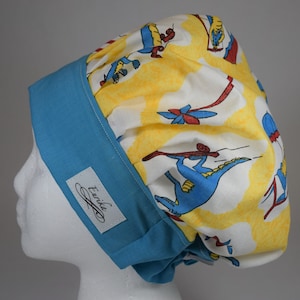 Banded Bouffant Style Scrub cap, Chill dinosaur with blue band