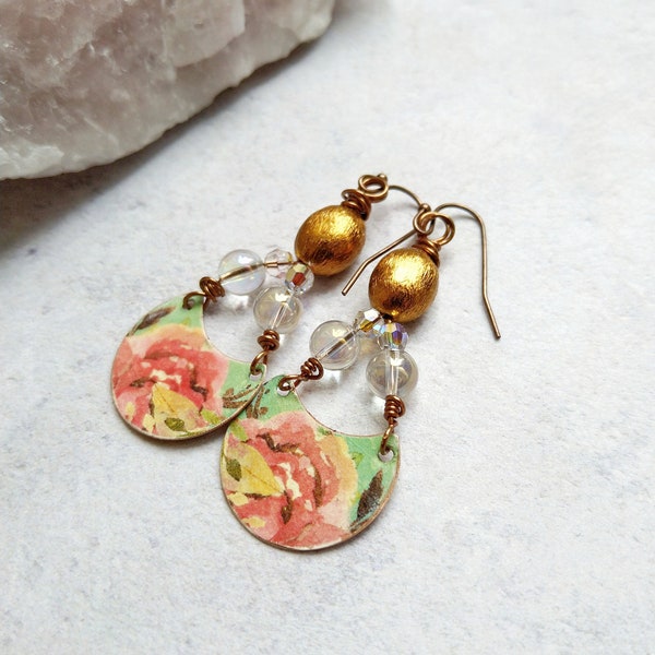 Boho floral vintage feel copper earrings with Swarovski beads, earrings,Floral copper earrings,Floral tin earrings,Artisan copper earrings