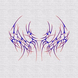 May include: A symmetrical graphic design featuring sharp, elongated, and curved lines in shades of blue and red. The pattern radiates outward from the center, creating a wing-like shape against a light gray, textured background.