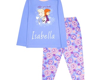 Disney - Pijama de manga comprida personalizado Frozen em algodão, macio e quente para meninas - Design Anna e Elsa