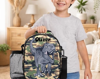 Lunchtas dinosaurus voor kinderen - gepersonaliseerde geïsoleerde lunchbox met camouflageprint voor jongens