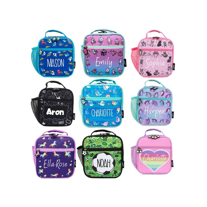 May include: Nine personalized lunch bags with various colorful designs and names including Mason, Emily, Sophia, Aron, Charlotte, Harper, Ella-Rose, Noah, and Charlotte.