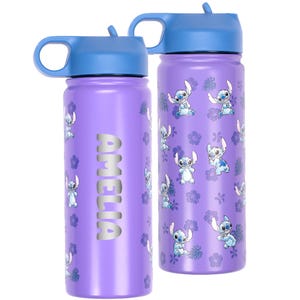Disney Stitch Stainless Steel Personalised Bottle with Straw for Girls Engraved Name 700ml School Water Bottle – Gift for Kids