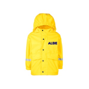Fringoo - Personalisierter Kinder Regenmantel - Gelbe Wasserdichte Jacke für Kinder - Personalisierter Namensanhänger - Maschinenwäsche - Leichter Mantel