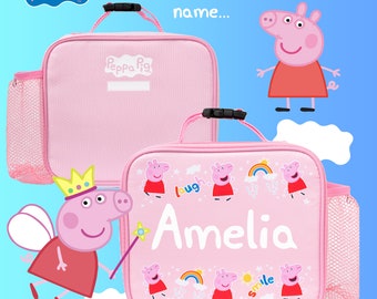 Peppa Pig - Kids Lunch Bag - Personalised Peppa Design Insulated Lunch Box - Large Container + Bottle Holder - Carry Handle