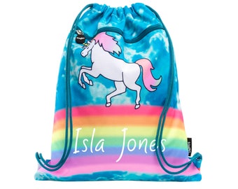 Personalised Kids Drawstring Bag with Zipped Pocket PE Bag Swimming Unicorn Gym School Bag for Boys Girls
