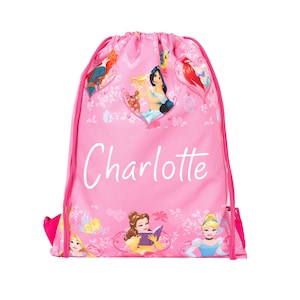 Princesses Disney - Sac personnalisé avec cordon de serrage pour enfant - Sac en PE - Cartable pour enfants - Cadeau personnalisé pour fille - Sac de natation pour fille Rose
