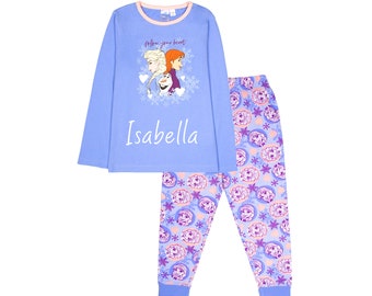 Disney - Personalised Frozen Long Sleeve Pyjama Cotton, Soft, Warm Winter PJs for Girls - Anna & Elsa Design