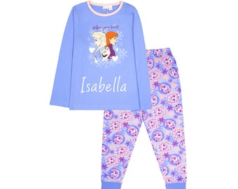 Disney - Pijama personalizado de manga larga de algodón Frozen, pijamas de invierno suaves y cálidos para niñas - Anna & Elsa Design