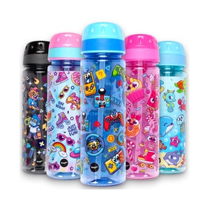 May include: Five colourful water bottles with different cartoon designs. The bottles are all clear plastic with a black lid and a straw. The designs include a video game theme, a sweet treats theme, a sea creature theme, and a rainbow theme.