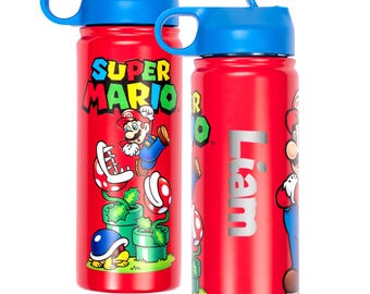 Spersonalizowana butelka na wodę ze stali nierdzewnej Mario Bros, z niestandardowym imieniem do szkoły