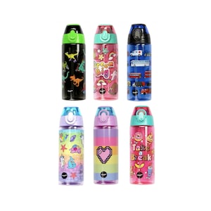 May include: Six colourful reusable water bottles with different designs. The bottles are made of clear plastic with a screw-on lid and a carrying handle. The designs include dinosaurs, a rainbow, a heart, a unicorn, and a donut.